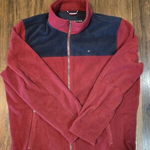 Tommy Hilfiger Full Zip Mock Neck Sweater Mens Sz L Long Sleeve Fleece Red Black